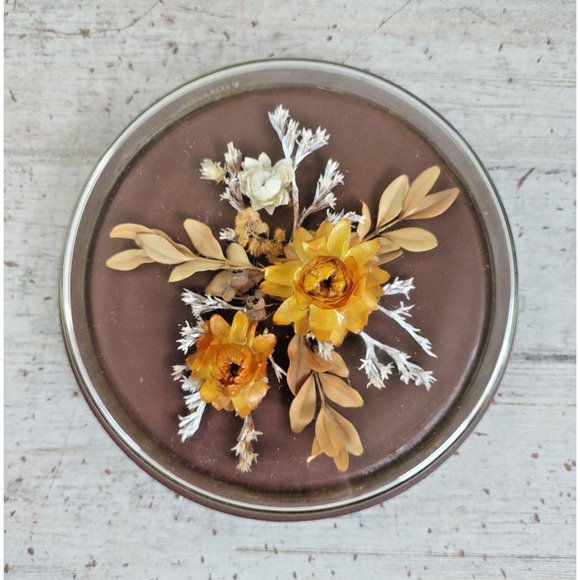 Vintage Dried Preserved Flower Wood Glass Wall Hanging Prague 1980s Round 5" - Picture 1 of 8